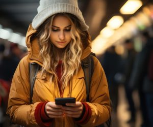 woman using smart phone while waiting at railroad station